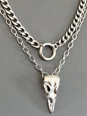 NEW, 2 pcs/set layered silver necklaces, RAVEN BIRD SKULL punk goth edgy